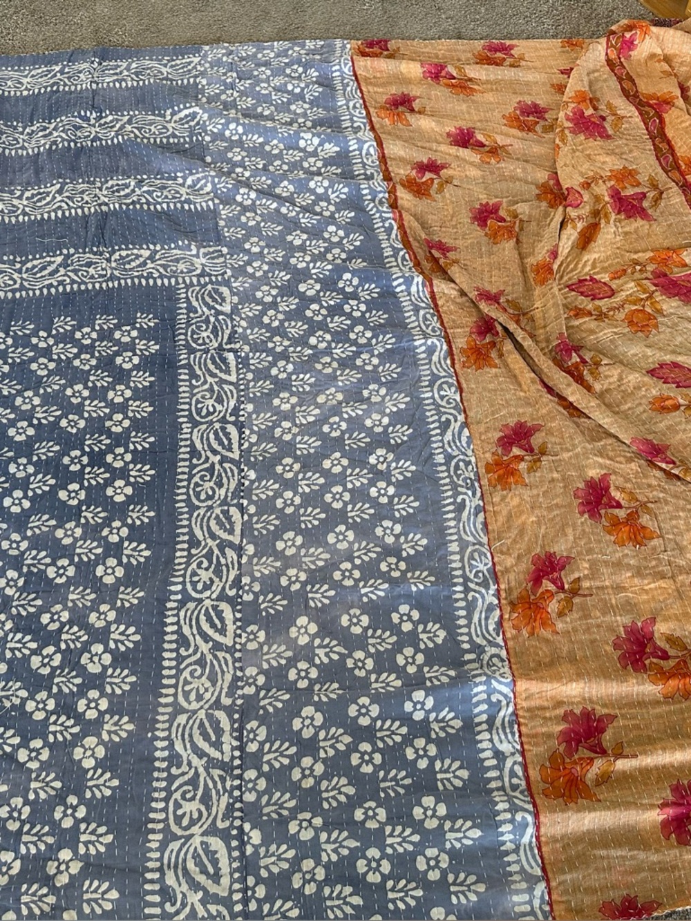 Beautiful Reversible King Size Blue and Beige Floral Patterned Kantha Quilt